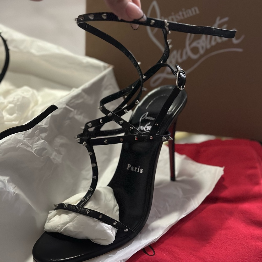 Christian Louboutin Black Studded Strappy Stiletto Sandals with Red Soles - Picture 4 of 10